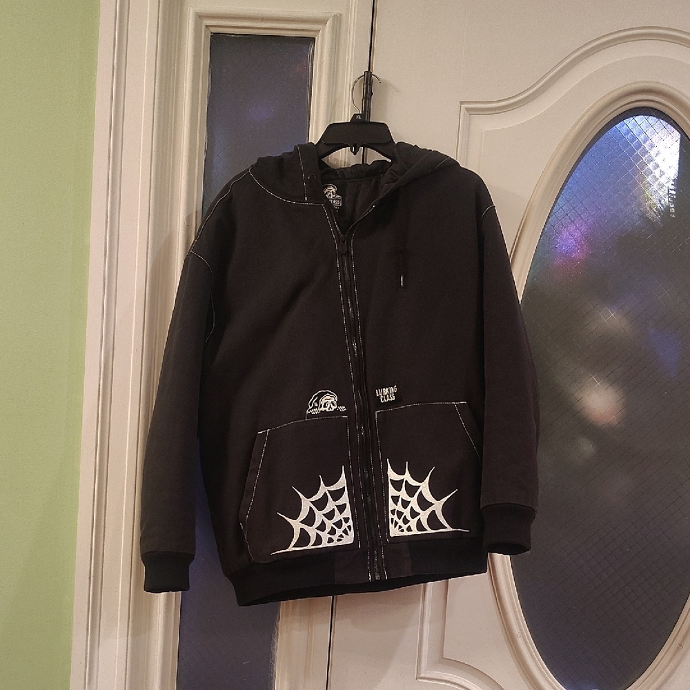 Black Hooded Zip-Up Jacket with Spider Web Pockets